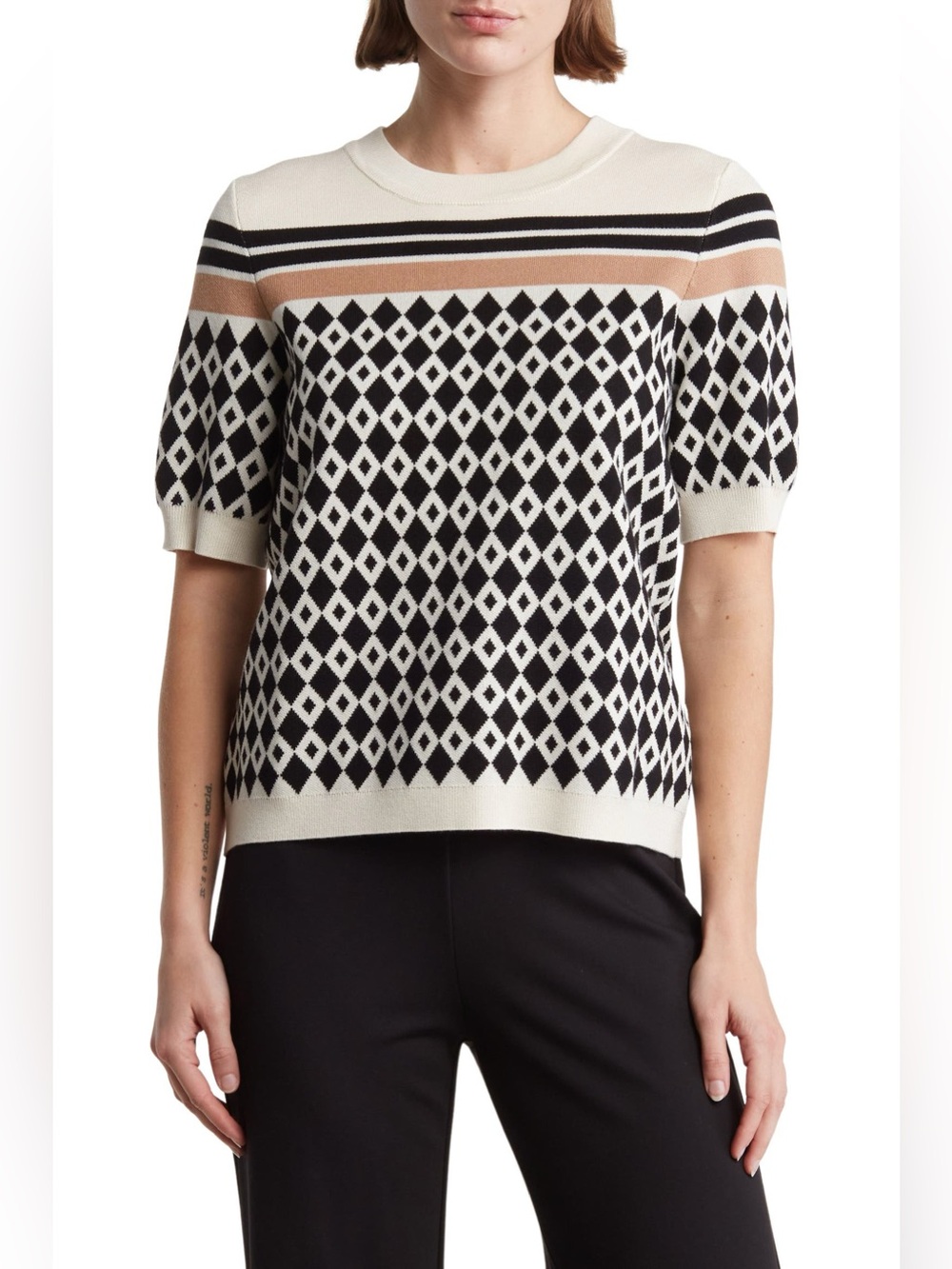 Adrianna Papell Preppy Old Money Geometric Jacquard Classic Sweater NWOT